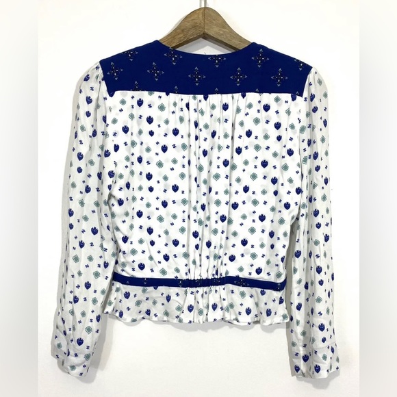 Free People Mixed Media Blue Geo Print Wrap Surplice Plunge Ruffle Blouse Top - Picture 7 of 9